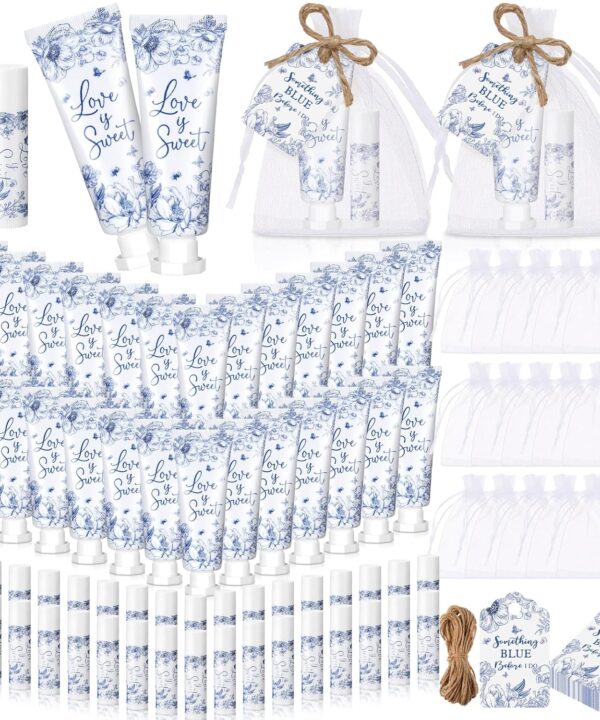 48 Sets Something Blue Before I Do Bridal Shower Hand Cream and Lip Balm Gift Bulk Blue Floral Wedding Favors Travel Size Hand Lotion and Lip Balm Bridal Shower Party Supplies for Guest