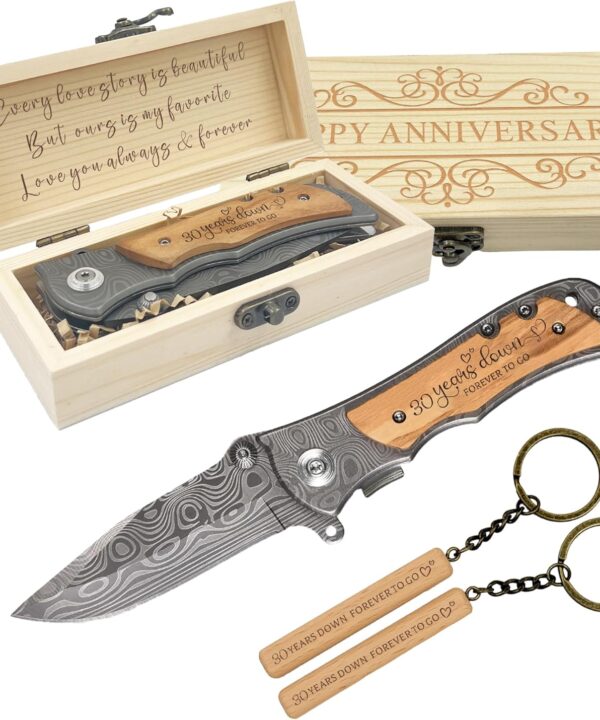 30 Years Anniversary Engraved Pocket Knife Gifts for Men, 30th Wedding Anniversary Keepsake for Husband, 30 Years pearl wedding Anniversary Marriage Present for Him, Wooden Folding Knife with Wood Box