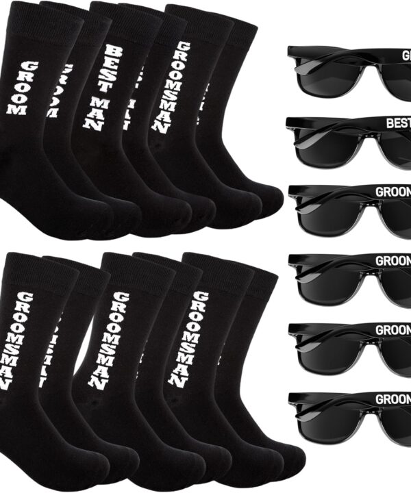 12 Set Groomsmen Proposal Gifts Including 6 Pairs Black Cotton Soft Groomsmen Best Man Socks 6 Pcs Groomsman Black Sunglasses for Bachelor Wedding Party Favors