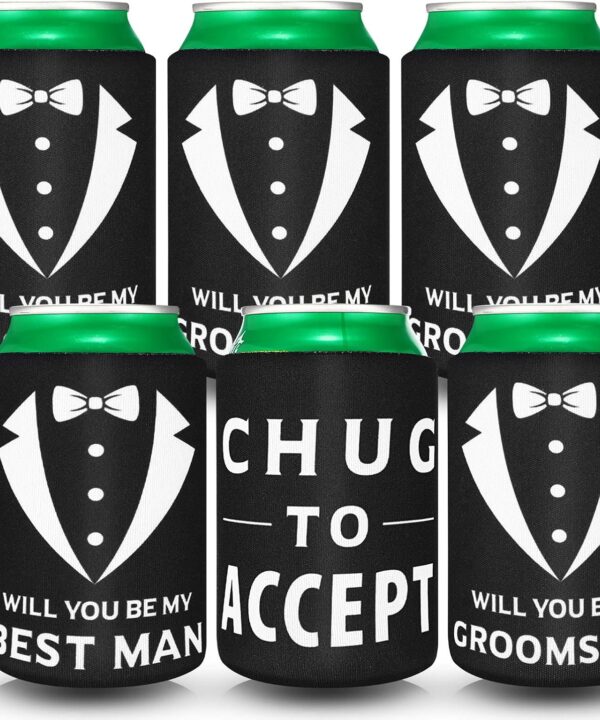 6 Pack Groomsmen Best Man Proposal Can Coolers Bachelor Gifts Groomsmen Gifts Funny Novelty Neoprene Hugger Can Sleeve Favors for Bachelor Party for Wedding Party Beer Holder