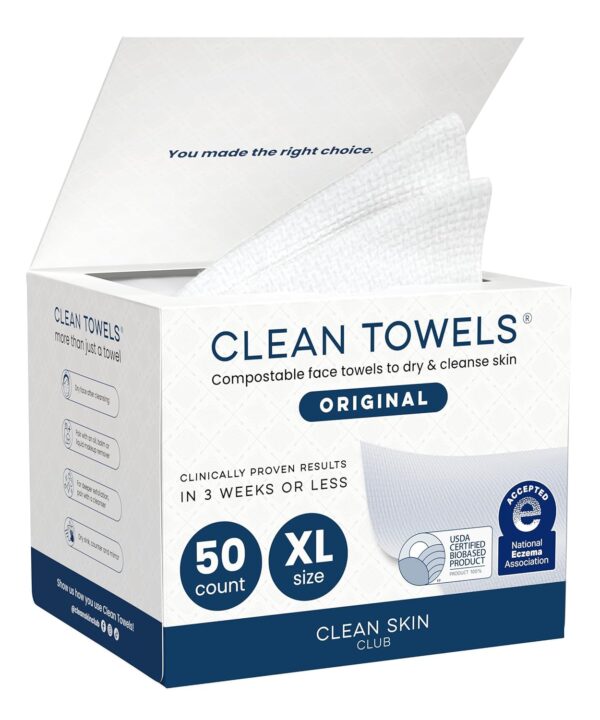Clean Skin Club Clean Towels XL, 100% USDA Biobased Face Towel, Disposable Face Towelette, Eczema Association Accepted, Makeup Remover Dry Wipes, Ultra Soft, 1 Pack, 50 Ct