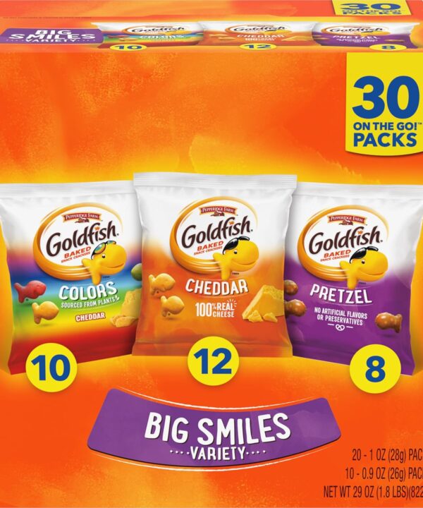 Goldfish Crackers Big Smiles Variety Pack with Cheddar, Colors, and Pretzels, Snack Packs, 30 Ct