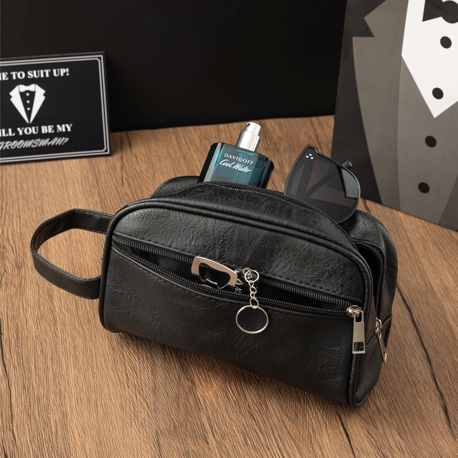 4 Sets Groomsmen Proposal Gifts, Proposal Bags with Spinning Whiskey Glasses PU Leather Toiletry Bag Best Man Bottle Opener Sunglasses Pen Card for Wedding Groomsman Best Man Gift