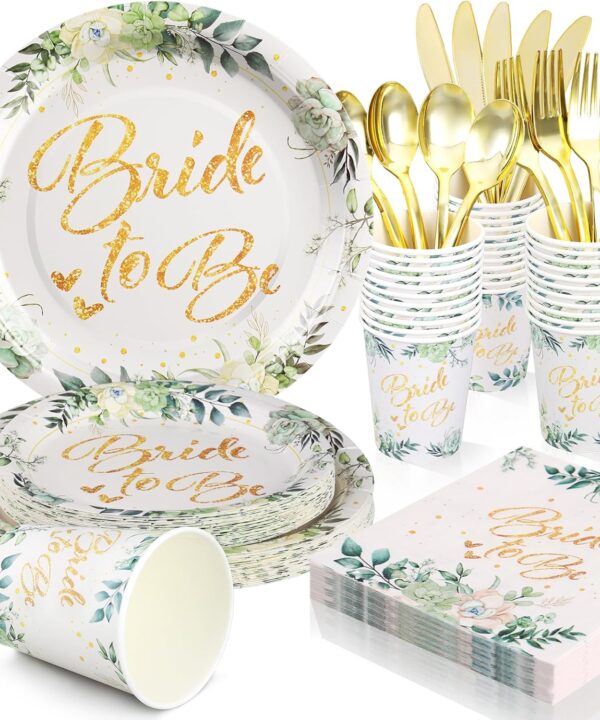 175Pcs Sage Green Bridal Shower Decorations, Bridal Shower Plates and Napkins Sets Serves 25, Bride to Be Plates for Bachelorette Wedding Engagement Party Supplies