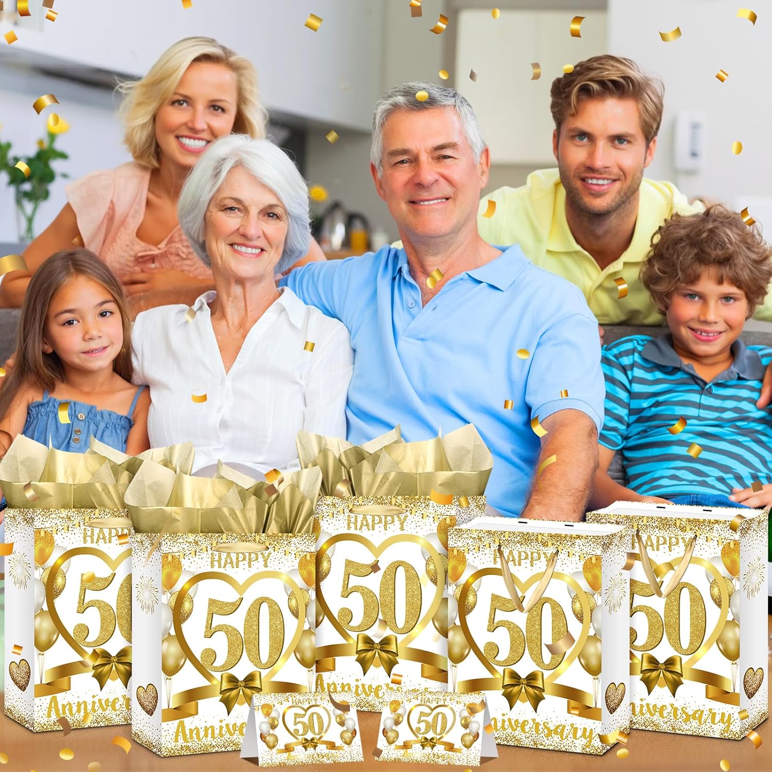 White Gold Happy 50th Anniversary Paper Gift Bag with Tissue Papers and Card, Gold Party Gift Wrapping Bag Treat Bag for Golden Wedding Anniversary Decorations