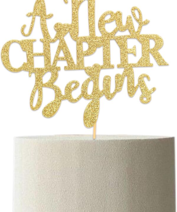 A New Chapter Begins Cake Topper - Book Themed Bridal Shower Baby Shower Party Decorations,Reading Themed Graduation Party Gold Glitter Decoration