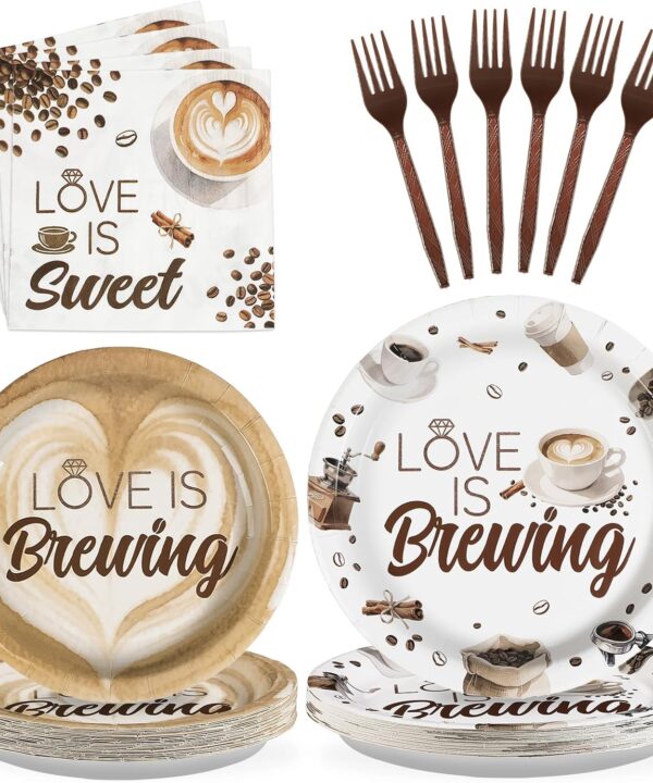 Grencian Love is Brewing Bridal Shower Decorations - 96Pcs Coffee Themed Bridal Shower Love is Brewing Plates and Napkins Disposable Tableware for Girls Wedding Engagement Party Decorations Serve 24