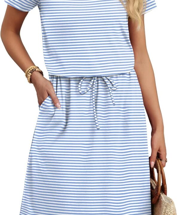 OFEEFAN Womens Summer Dresses Fashion Short Sleeve Crew Neck T Shirt Sundresses Casual Tie Waist with Pockets