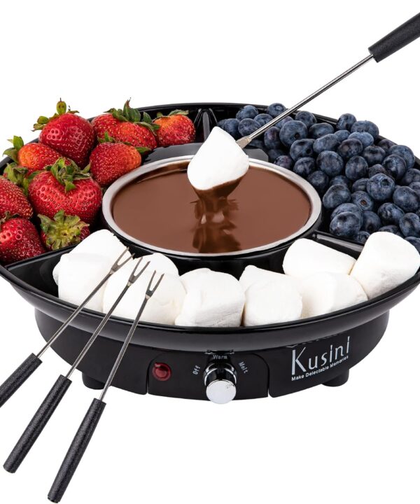 Kusini Electric Fondue Pot Set - Chocolate Fondue Kit - Temperature Control, Detachable Serving Trays, & 4 Roasting Forks - Gift Set & Date Night Idea. Serve at Movie Night or Game Night.