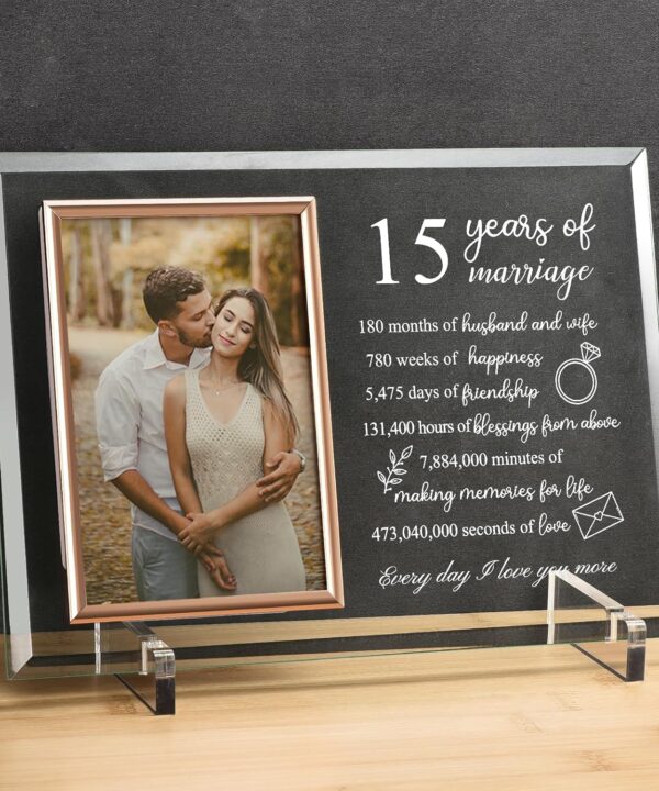15 Year Anniversary for Her or Him Gifts, 15th Wedding Anniversary Picture Frame for Wife or Husband, Crystal Glass Anniversary Marriage Presents for Couple
