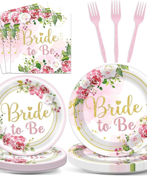 96Pcs Bridal Shower Party Decorations Floral Bride to Be Paper Plates Napkins Flower Pink Gold Wedding Tableware Set Supplies Disposable for Women Engagement Bachelorette Party Favors Serves 24