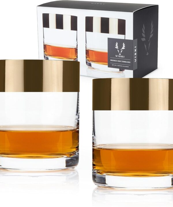 Viski Irving Bronze Rim Crystal Lowball Tumblers Set of 2 - Premium Crystal Clear Cocktail Glass Bronze Rimmed Glassware, Stylish Lowball Whiskey Glass Gift Set, 8 oz