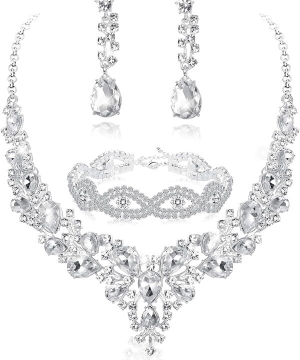 FIASASO Silver Bridal Jewelry Set for Women Rhinestone Wedding Necklace Bracelet Dangle Earrings for Bride Bridesmaid Prom Jewelry Accessories