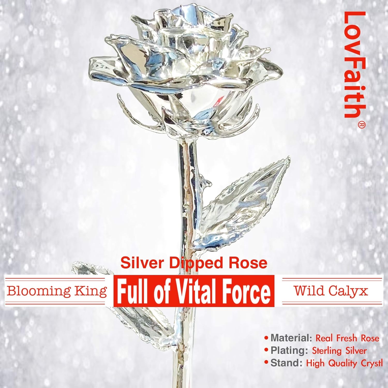 Valentine Gift Real Rose Dipped Thick Sterling Silver with Crystal Stand, Best 25th Anniversary Silver Rose Gift for Her Wife Mother Birthday Christmas (B2. Sterling Silver -Blooming)
