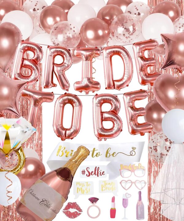 Bachelorette Party Decorations, Rose Gold Bride To Be Decorations with Bride Balloons, Sash, Veil, Tinsel Backdrop for Bridal Shower Decor
