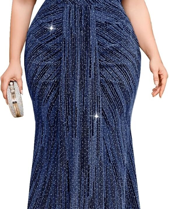 Plus Size Sparkly V Neck Wrap Evening Gown Ruffle Sleeve Ruched Formal Mermaid Maxi Dress Wedding Cocktail Party