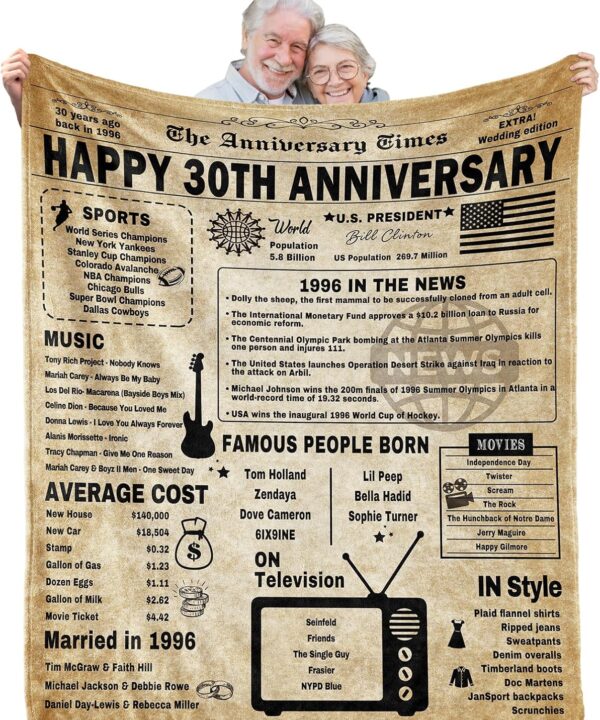 30th Anniversary Blanket Gifts Gift for 30th Pearl Wedding Anniversary 30 Years of Marriage Gifts for Her Him Couple Wife Husband Dad Mom Parents Back in 1996 Throw Blanket 60Lx50W Inch