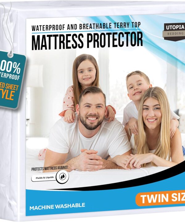 Utopia Bedding Waterproof Mattress Protector Twin Size, Premium 200 GSM Terry Mattress Cover, Soft & Breathable Bed Cover, Fitted Sheet Style with Stretchable Deep Pockets 15" (White)