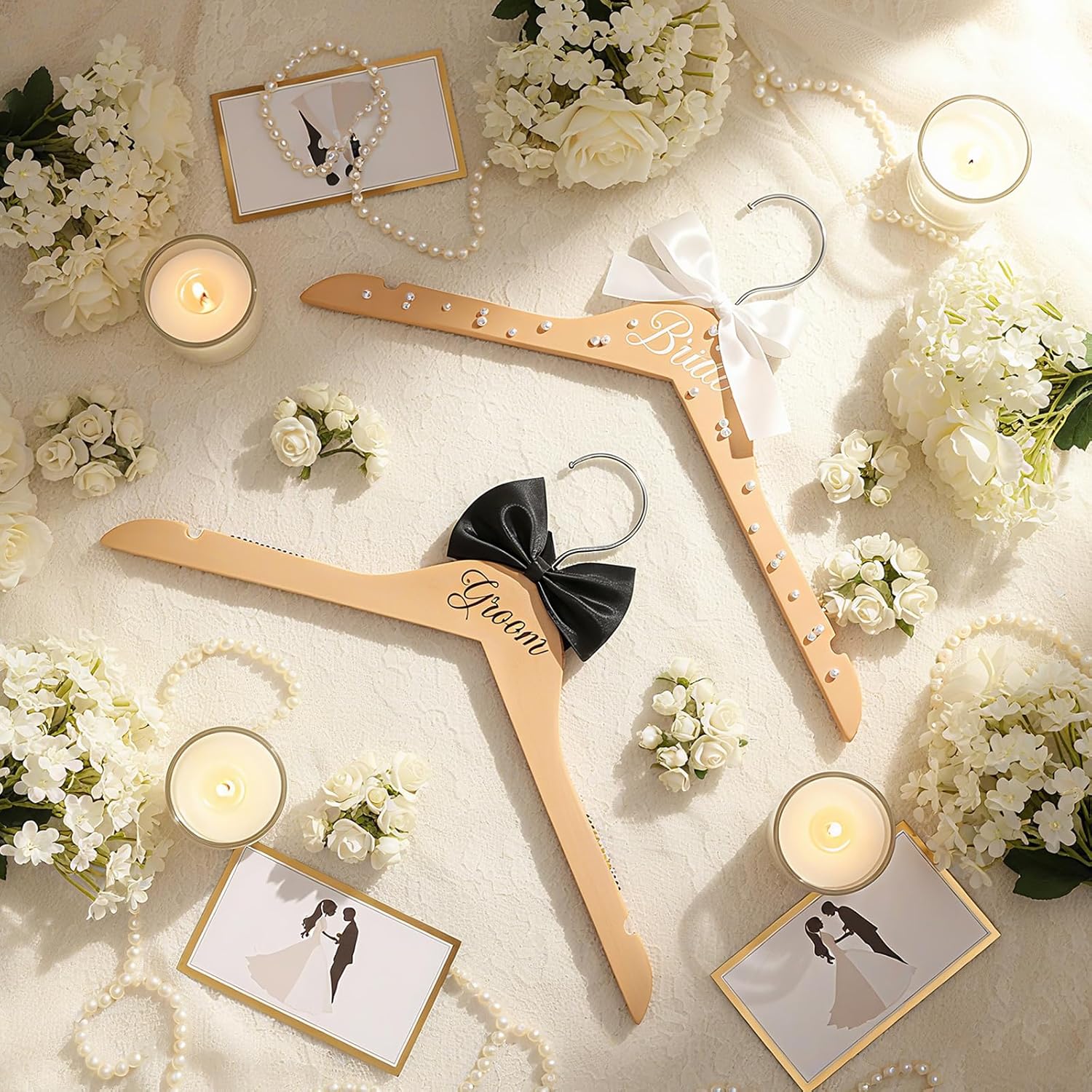 2 Pcs Bride and Groom Wooden Hangers with Bow Tie Wedding Hangers for Tuxedo Favors Wedding Gift Bridal Party Shower(Fresh)