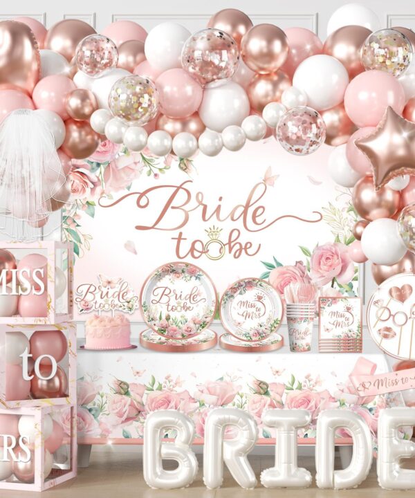 Cocomigo 330pcs Bride to Be Decorations, One-stop Set for 25 People, Includes 350gsm Plates Photo Props Cupcake Toppers Veil and Sash, Pink Bridal Shower Decorations for Female
