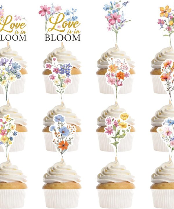 24 Pcs Love is in Bloom Cupcake Toppers, Love in Bloom Bridal Shower Cupcake Decorations, Flower Theme Party Supplies, Engagement Wedding Cake Party Decor