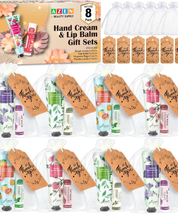 AZEN 8 Sets Bulk Gifts, Hand Cream and Lip Balm Bulk Set with Organza Bag Thank You Card, Baby Shower Wedding Gifts for Guests, Bridal Wedding Favors, Valentines Gift for Women