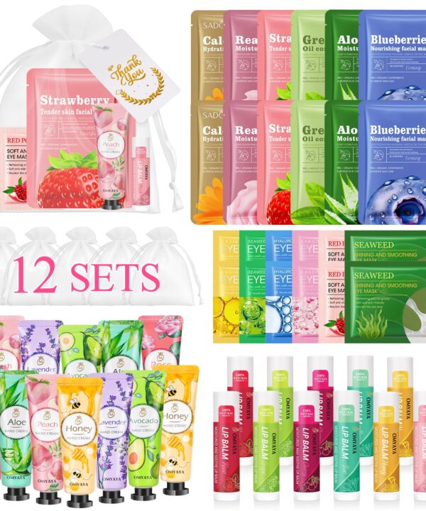 72 Pcs Bulk Gifts For Women, Bulk Facial Mask, Lip Balms, Hand Creams & Under Eye Patches, Spa Party Supplies,Party Favors For Bridal Wedding, Baby Shower,Sleepover Party, Christmas Stocking Stuffers