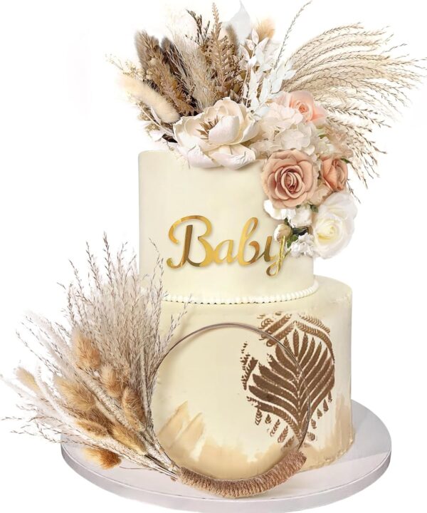 Boho Cake Decorations Flower Cake Toppers Pampas Grass Cake Topper for Wedding Bridal Baby Shower Birthday Party Supplies (Apricot Pink White)