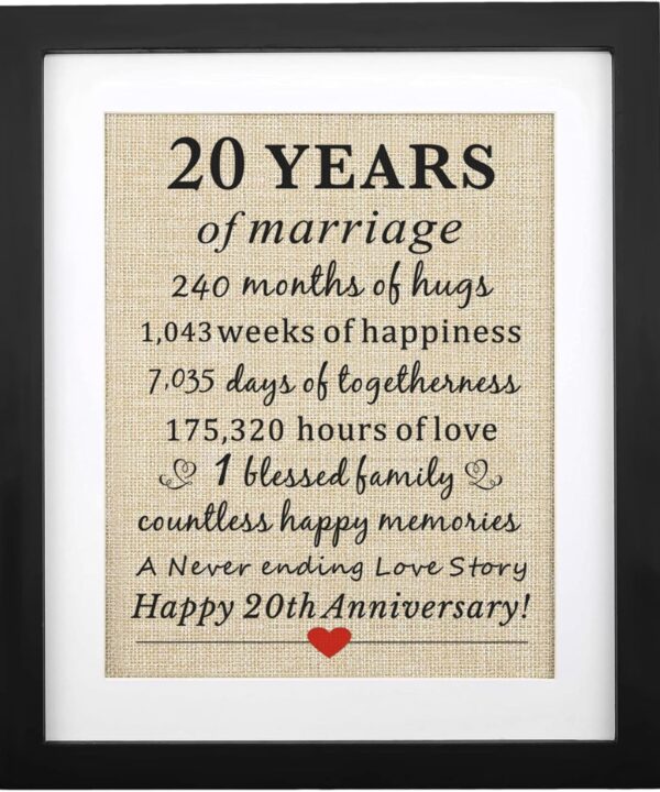 Corfara Framed 20 Years of Marriage Burlap Print Gifts for 20th Anniversary for Him Her 20th Wedding Anniversary for Husband Wife Gift