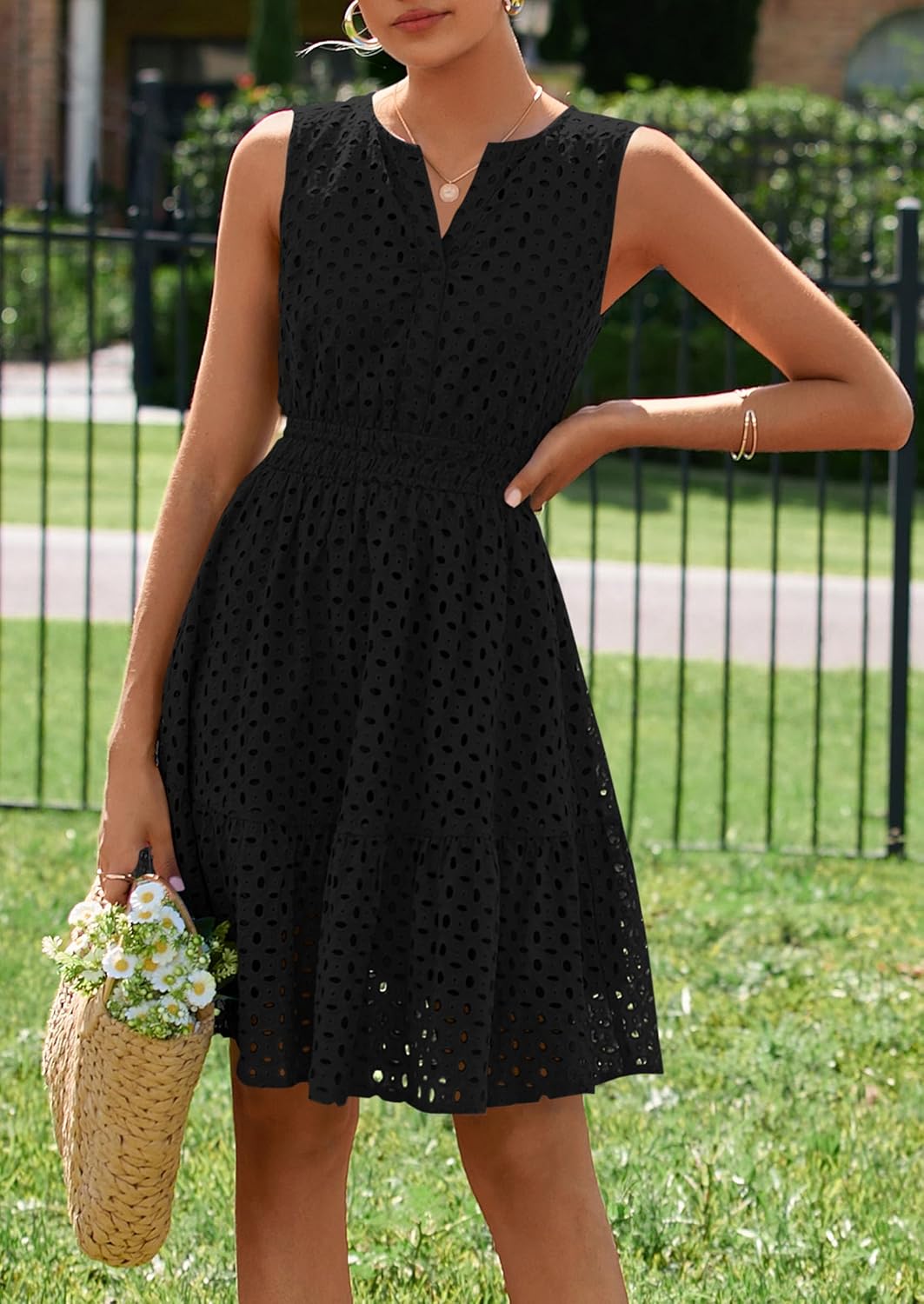 PRETTYGARDEN Womens Summer Dresses 2026 Sleeveless V Neck Eyelet Hollow Out Swing A Line Beach Vacation Sun Dress