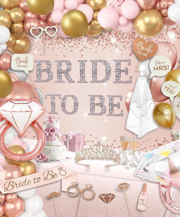 121 Pcs Bachelorette Party Decorations Kit Rose Gold Bridal Shower Balloons Decor Bride to Be Backdrop, Sash, Veil, Crown, Diamond Ring Foil Balloons, Photo Booth Props Supplies