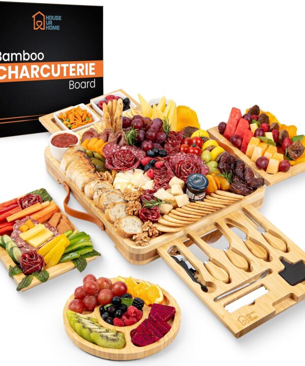 Bamboo Charcuterie Board Set - Large Cheese Platter with Knives & Bowls - Valentines Day Gift for Her, Mom or Girlfriend - Great Wedding, Housewarming & Birthday Gift Idea