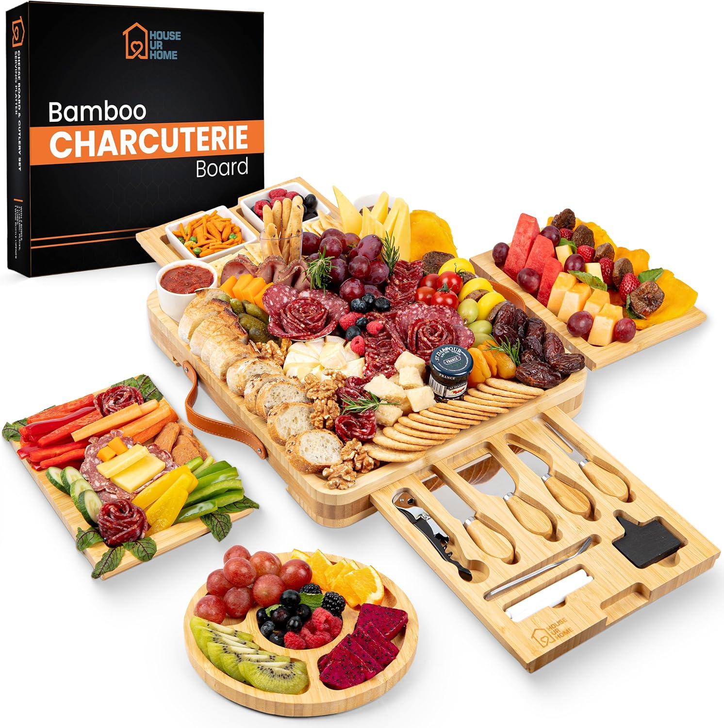 Bamboo Charcuterie Board Set - Large Cheese Platter with Knives & Bowls - Valentines Day Gift for Her, Mom or Girlfriend - Great Wedding, Housewarming & Birthday Gift Idea
