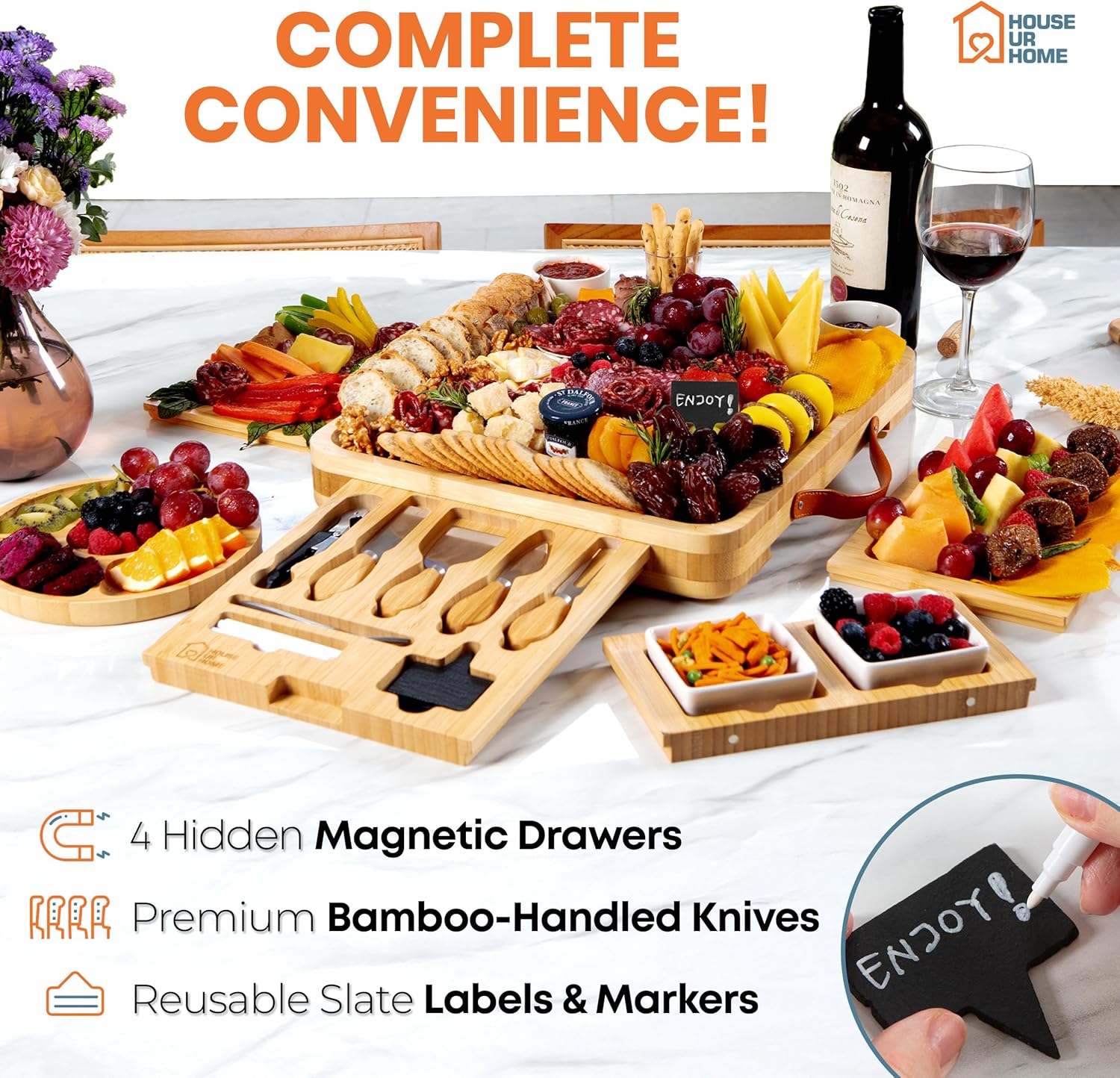 Bamboo Charcuterie Board Set – Large Cheese Platter with Knives & Bowls – Valentines Day Gift for Her, Mom or Girlfriend – Great Wedding, Housewarming & Birthday Gift Idea