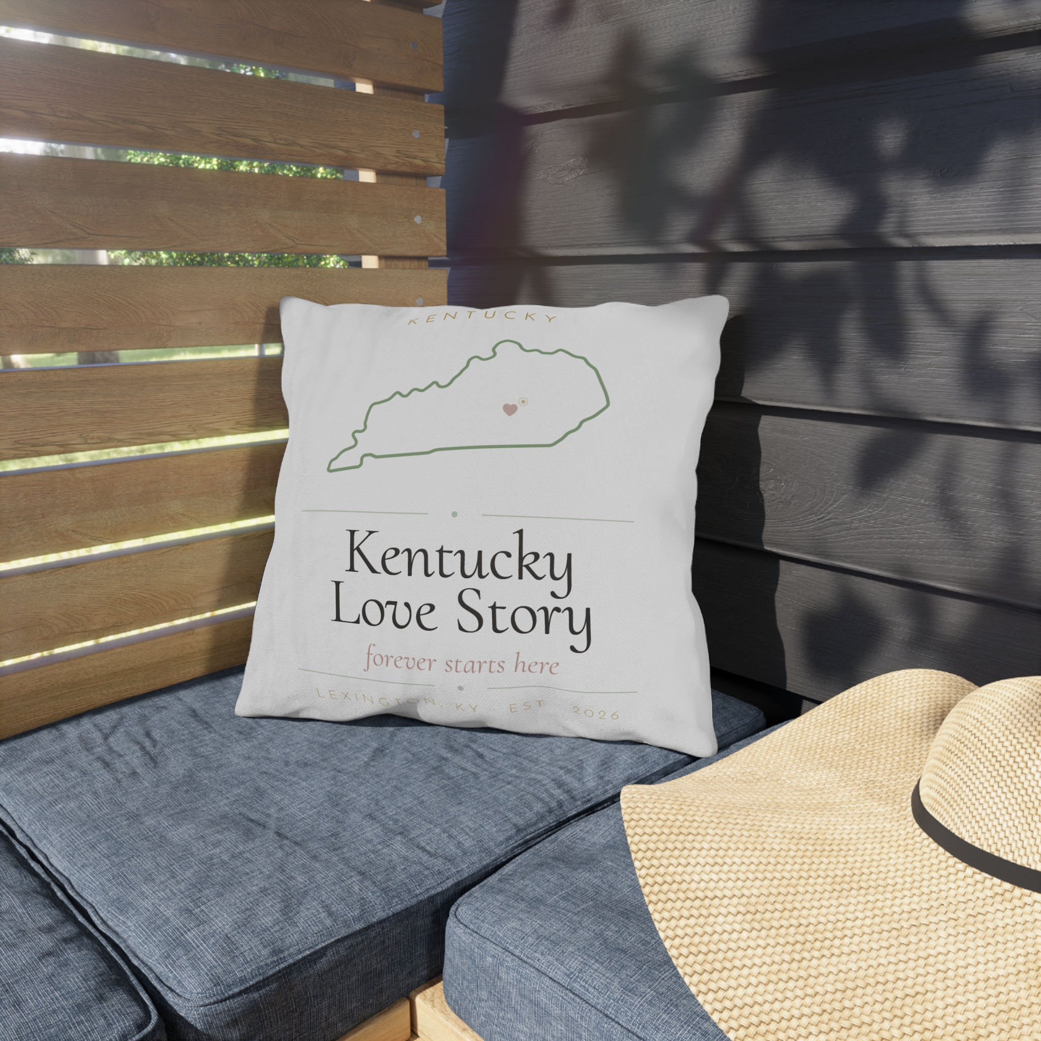 Kentucky Love Story Outdoor Pillow — State Outline with Heart | Lexington Home & Porch Decor