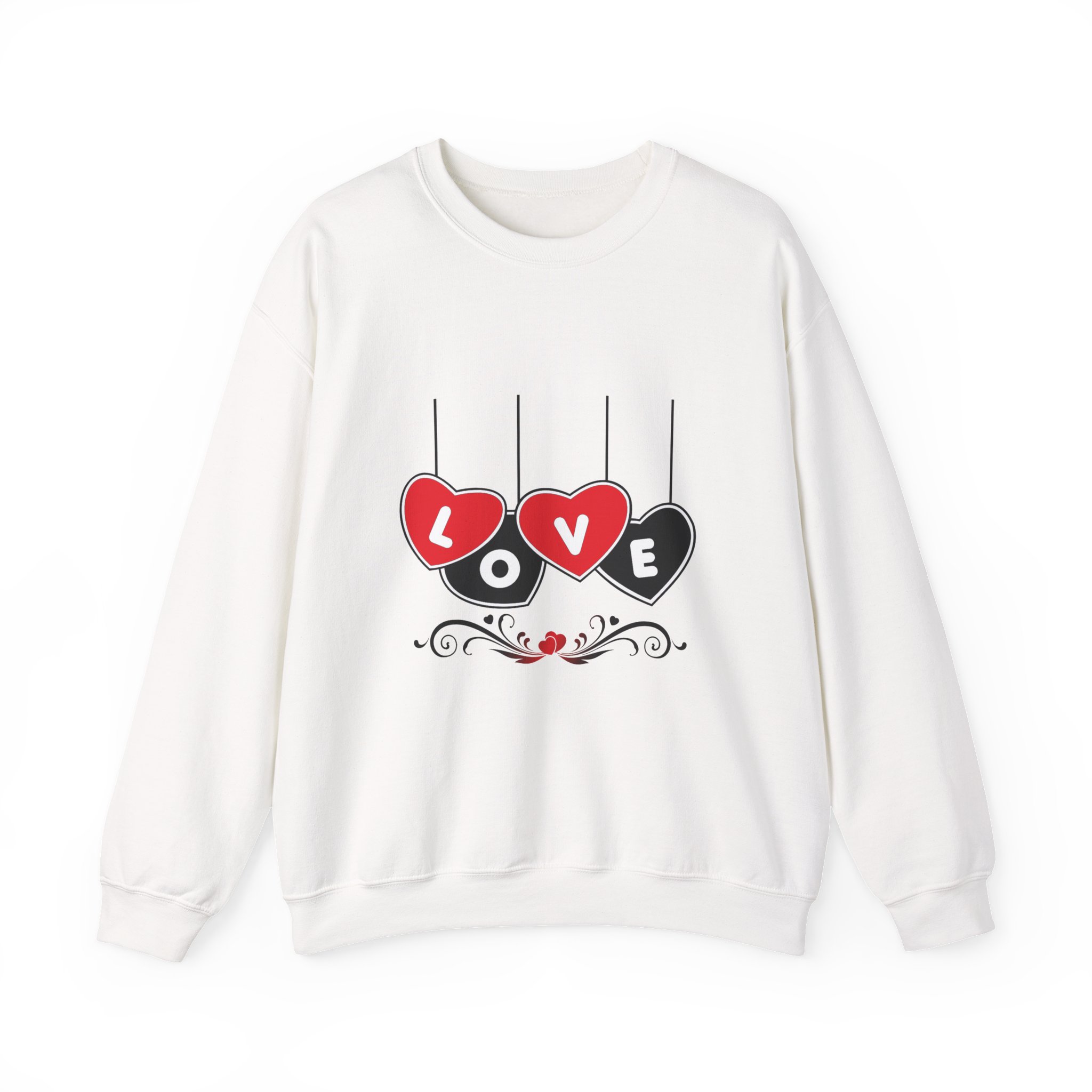Love Heart Crewneck Sweatshirt – Hanging Hearts "LOVE" Valentine Pullover